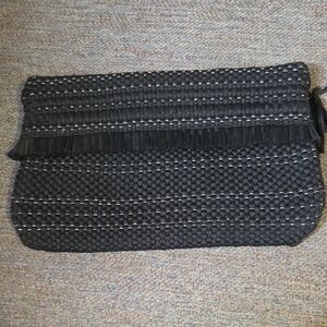 Woven Fold-Over Mini Clutch Bag - Black